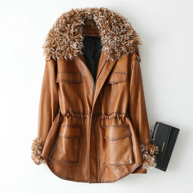 Женский пуховик из натуральной овечьей кожи с шерстяным воротником KQN62026 Осень