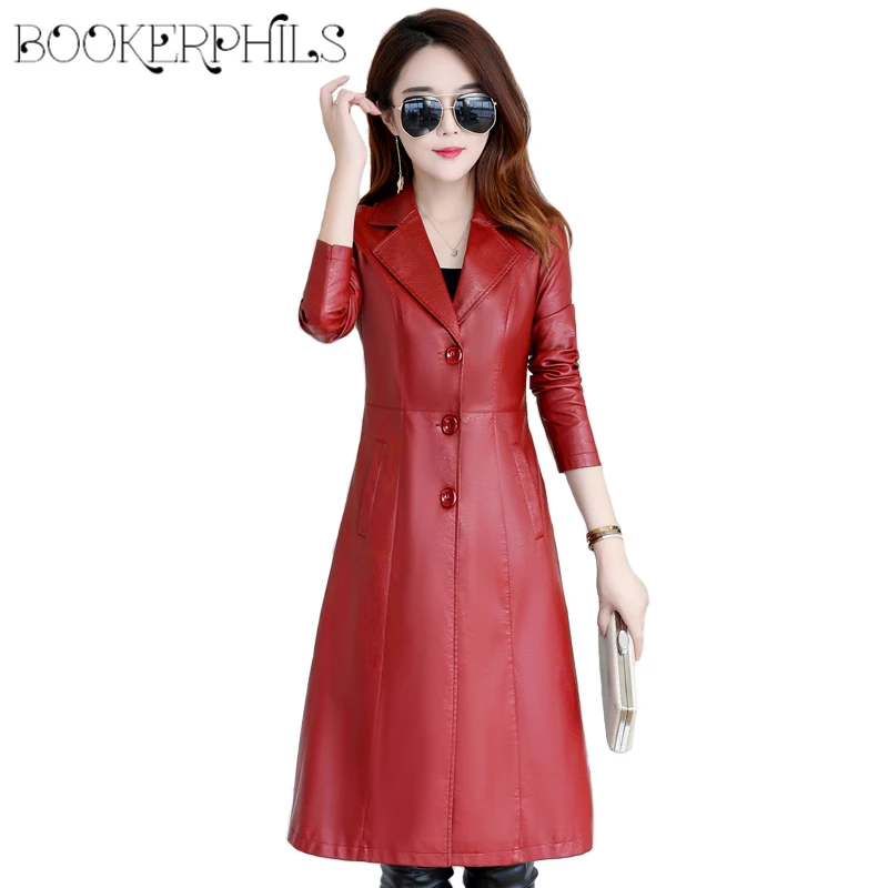 Женский Длинный кожаный тренчкот элегантный облегающий из промытой