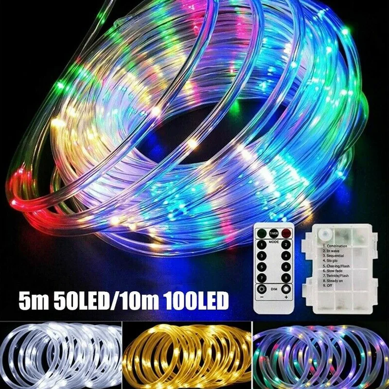 5M 10M LED Rope Strip Lights Remote Control Tube Rope Garland Fairy Lighting Strings for Outdoor Indoor Garden Christmas Decor