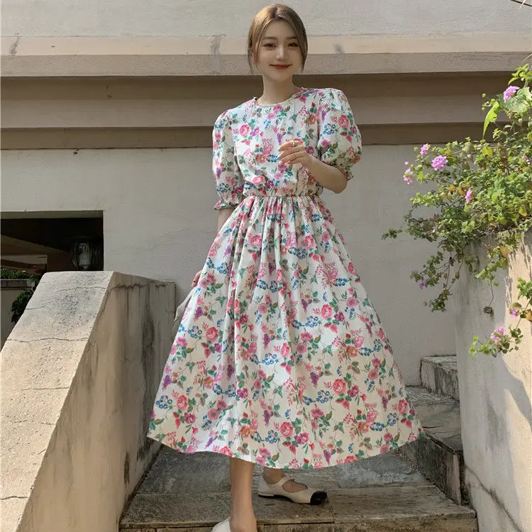 

Elegant Korean Chic French Print Long Party Dress Women Summer High Waist Collar Printed Floral Casual Dress Boho Female Dresses