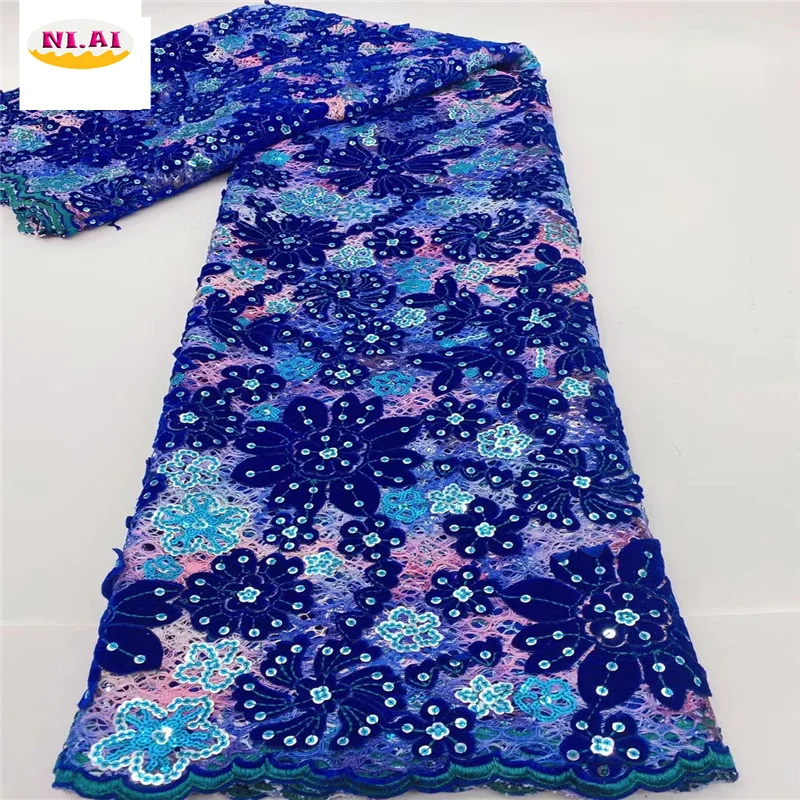 

2021 Latest Flower Velvet Lace Fabric With Sequins African Lace Fabric High Quality African Fabric 5Yards For Wedding NI5667-1