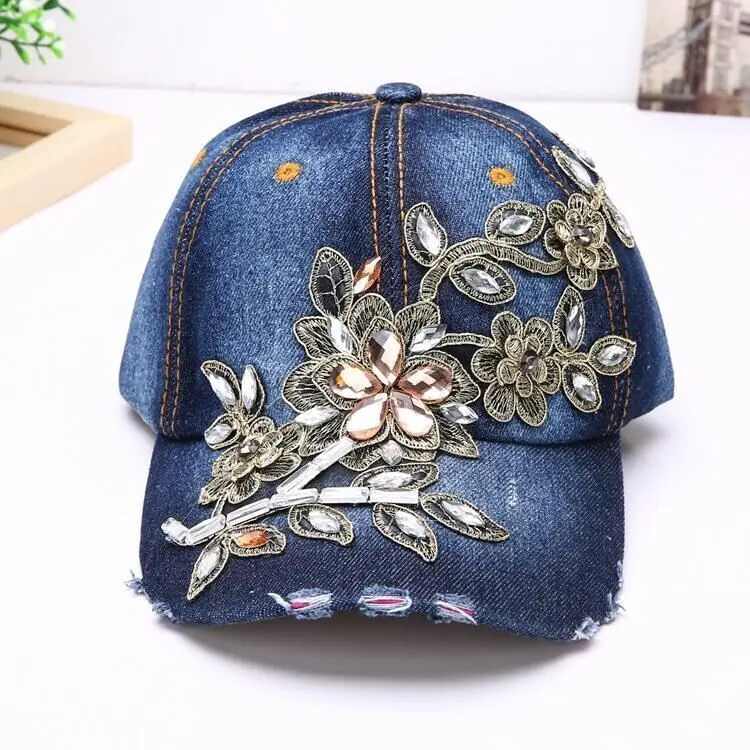 Women's Baseball Cap Diamond Painting Embroidery Flower Denim Snapback Hats Jeans Woman Female Cap Cowboy Summer Sun Hat