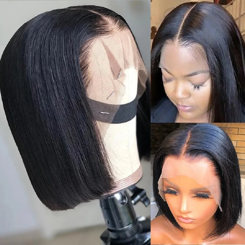 Short Bob Lace Front Wig Straight Frontal Human Hair Wigs Brazilian Remy Closure 180 Density Pre Plucked For Black Women | Шиньоны и