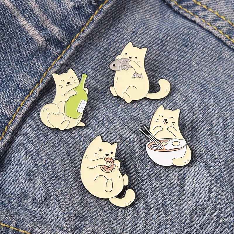 

Cute Cat Eat Fish Enamel Pins Kitten Eating Donuts Noodle Brooches Cartoons Animals Badge Bag Lapel Jewelry Gift for Kid Friend
