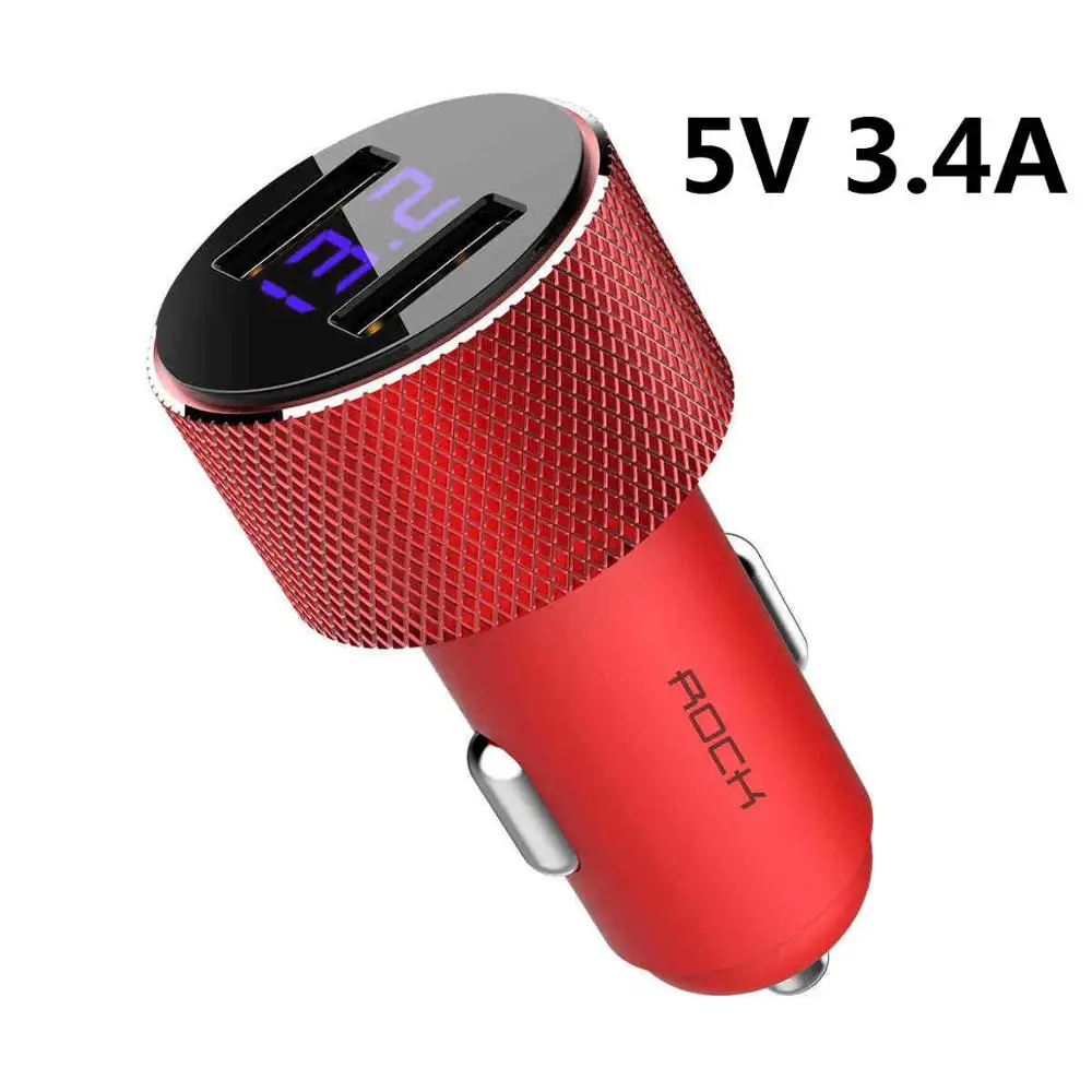 ROCK 5V 3.4A металлическое автомобильное зарядное устройство с двумя USB цифровым дисплеем для iPhone X 8 XS MAX 7 Xiaomi samsung Быстрая зарядка контроль напряжения - Тип штекера: Metal 3.4A Red