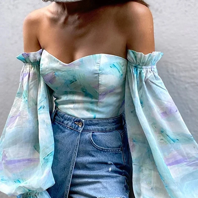

Sexy Off Shoulder Ruffles Summer Crop Top Fashion Women Holiday Beach Shirt Vintage Leaf Printed Elegant 2021 Female Blouse