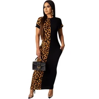 leopard patchwork long t shirt dress women summer o neck short sleeve casual dress ladies streetwear bodycon maxi dress vestidos
