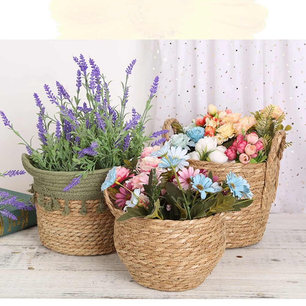 Hand-woven Basket Storage Bucket Plant Container Waterproof Straw With Tassels Suitable For Indoor Home 16*16*13cm Flower Pot | Дом и сад
