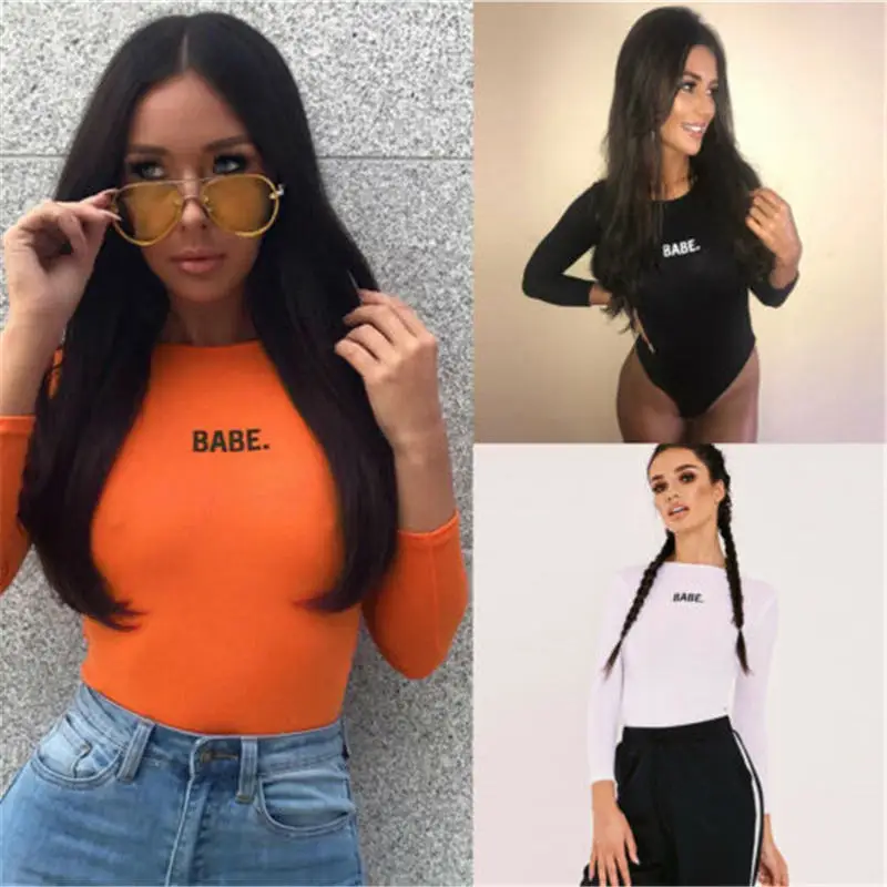 

Fashion Women Long Sleeve BABE Bodysuit Stretch Leotard Letter Top Cotton Casual Blouse Tops T-Shirt Shirt 2020 Brand New