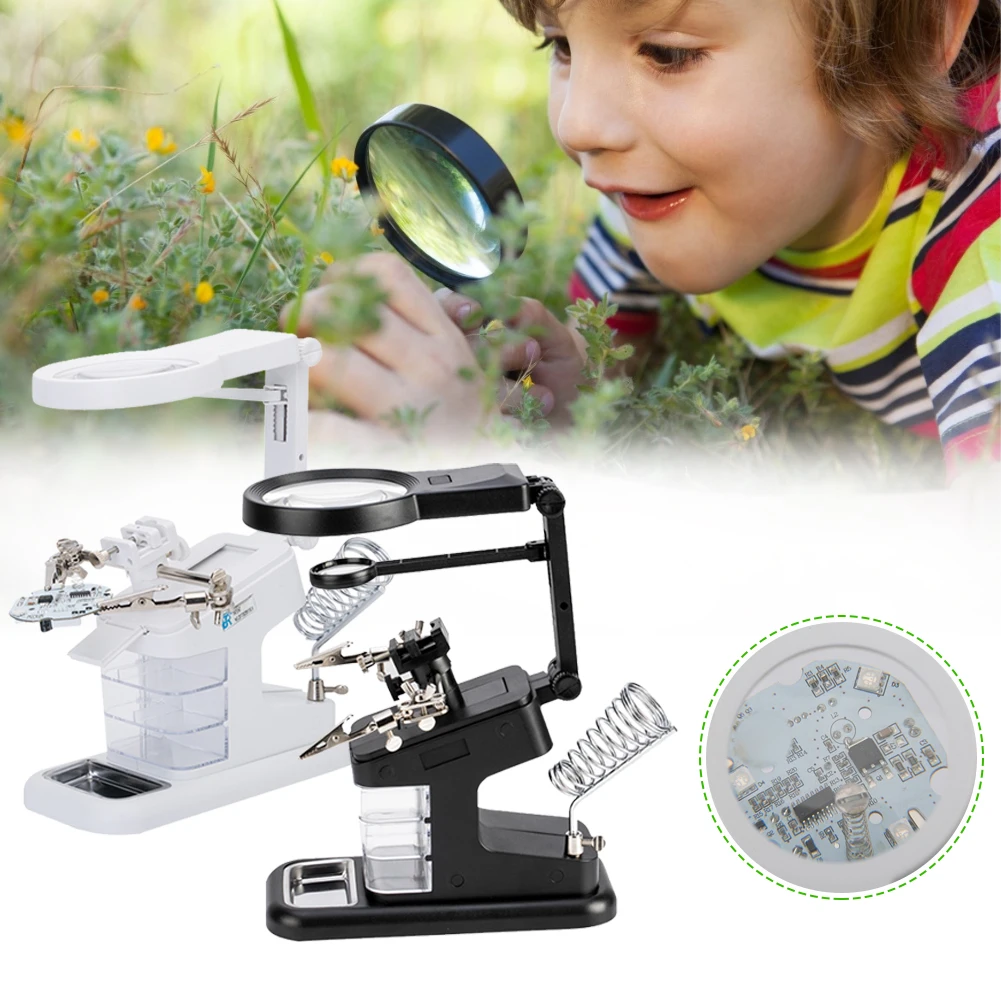 

3X 4.5X LED Light Helping Hands Magnifier Station Heavy Duty Lighted Magnifying Glass Stand with Clamp and Alligator Clips