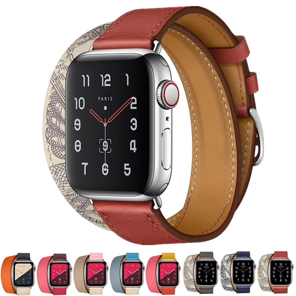 Double Tour For Apple watch band 44mm 40mm Genuine Leather watchband belt bracelet iWatch band 38mm 42mm series 3 4 5 6 7 strap