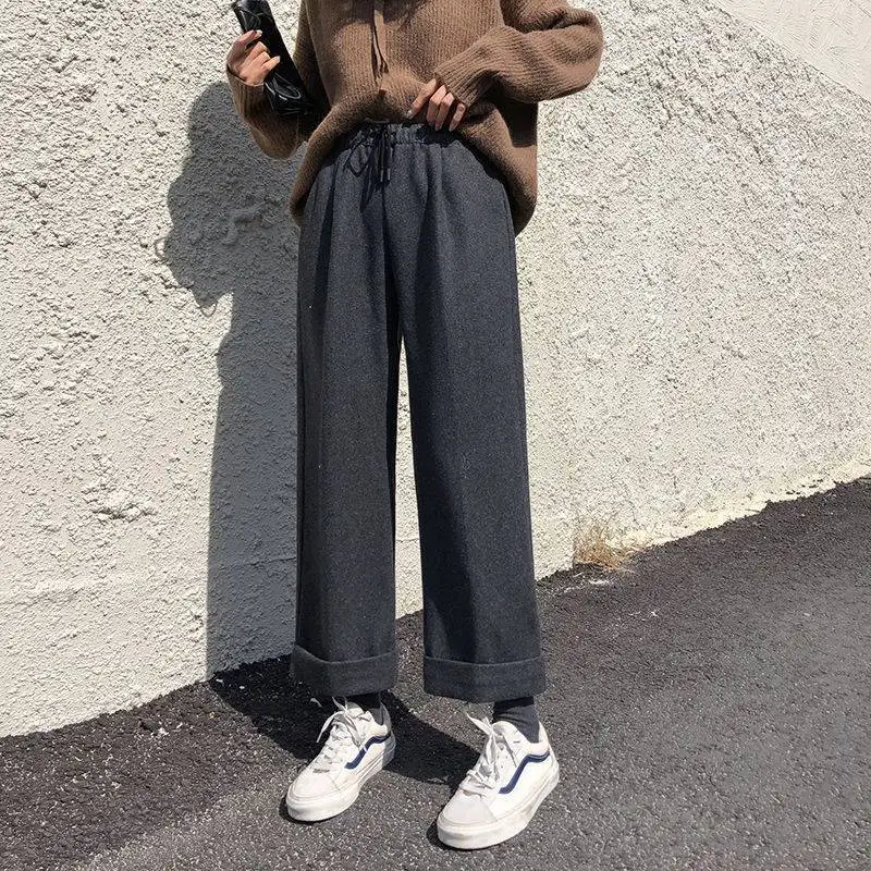 

2021Women Winter Warm Wide Leg Pants Women Korean Style Oversized Woolen Jokers Black Oversized High Waist Trousers For Female