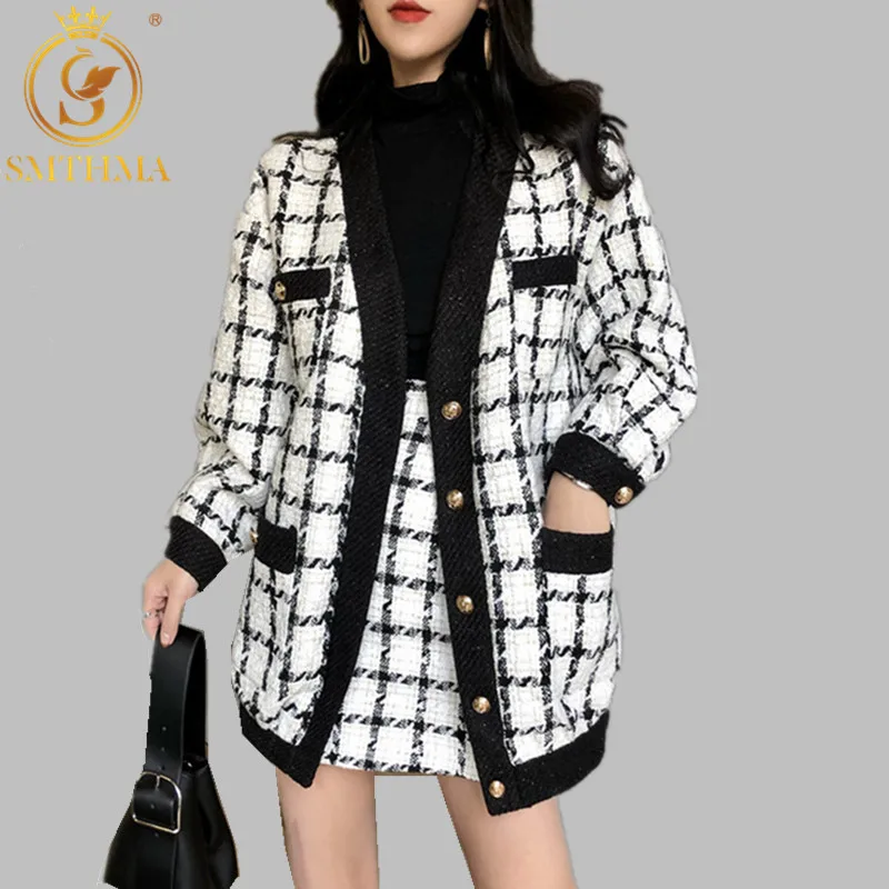 Женский новый осенне зимний подиум твидовый в клетку комплект 2 шт. Белый