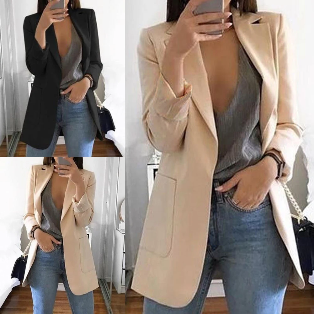 Fashion Slim Blazers Women Autumn Suit Jacket Female Work Office Lady Suit Black with Pockets Business Notched Blazer Coat