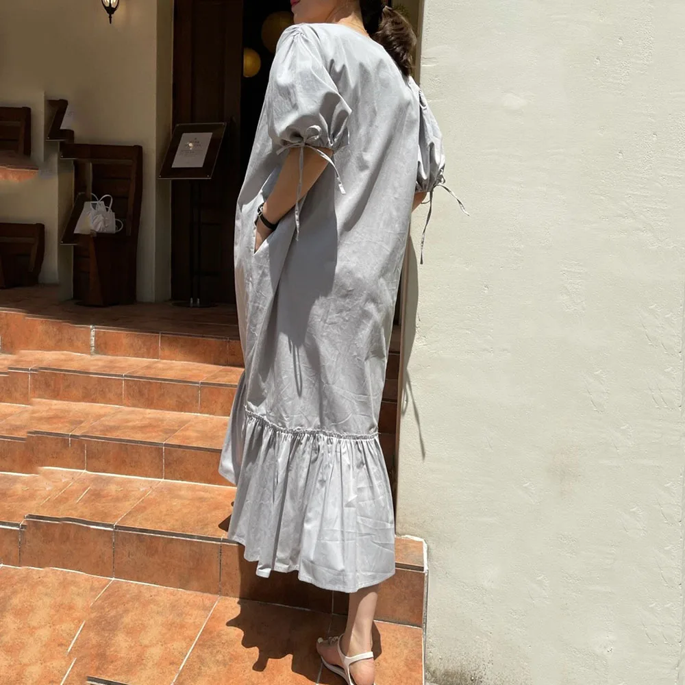 

2021 Summer New Retro Simplicity Loose Korean Fashion Women's Dress Solid Color Casual V-neck Summer Single-breasted