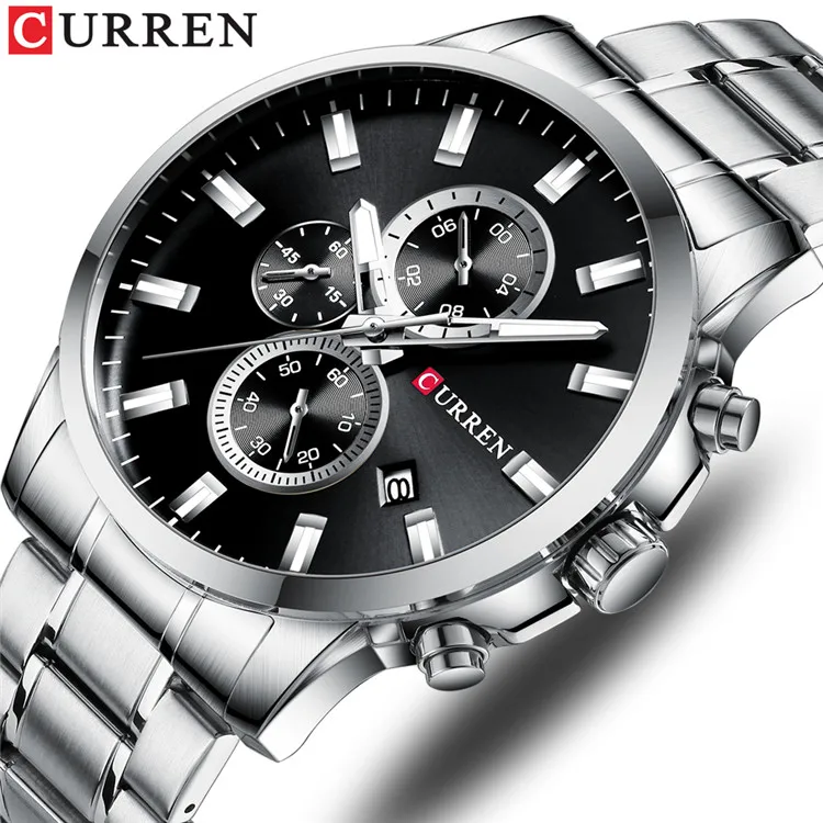 Silver black CURREN новые часы мужские модные спортивные часы из нержавеющей стали Кварцевые наручные часы Военные хронограф мужские водонепроницаемые 8348 - Цвет: Silver black