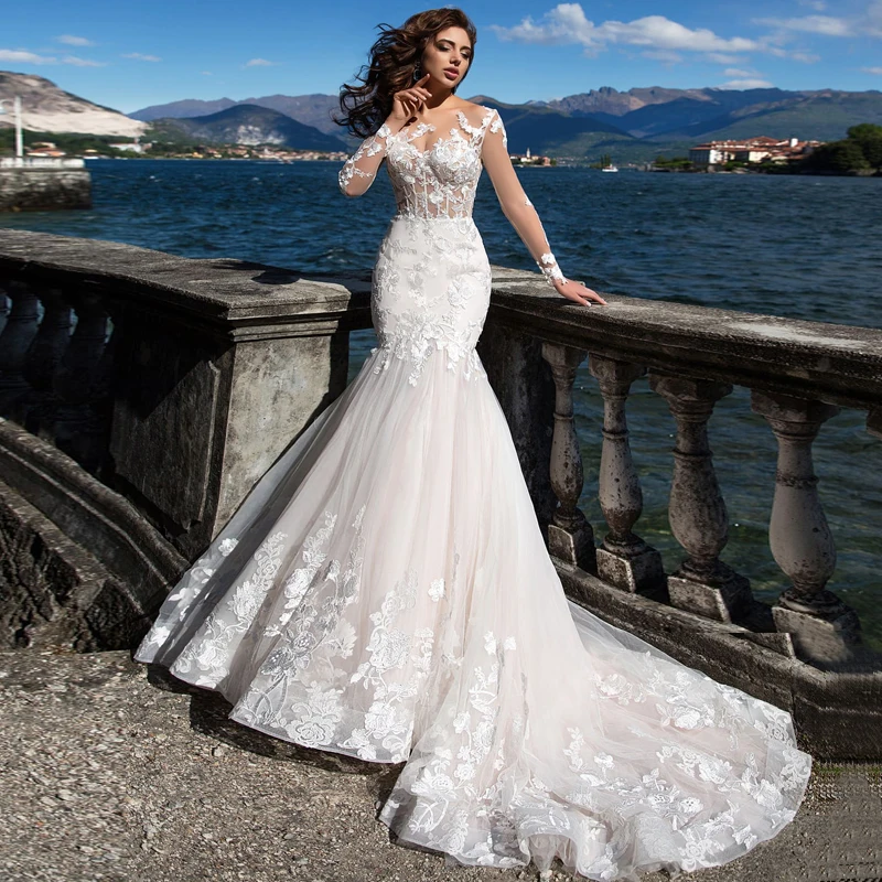 

Sexy Illusion Wedding Dresses Mermaid Scoop Long Sleeve Applique Sweep Train Tulle Brial Gown Vestido De Noiva