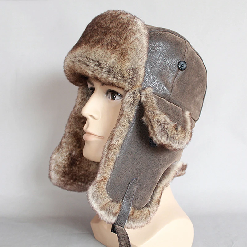 

Bomber Hats Winter Men Warm Russian Ushanka Hat With Ear Flap Pu Leather Fur Trapper Cap Earflap