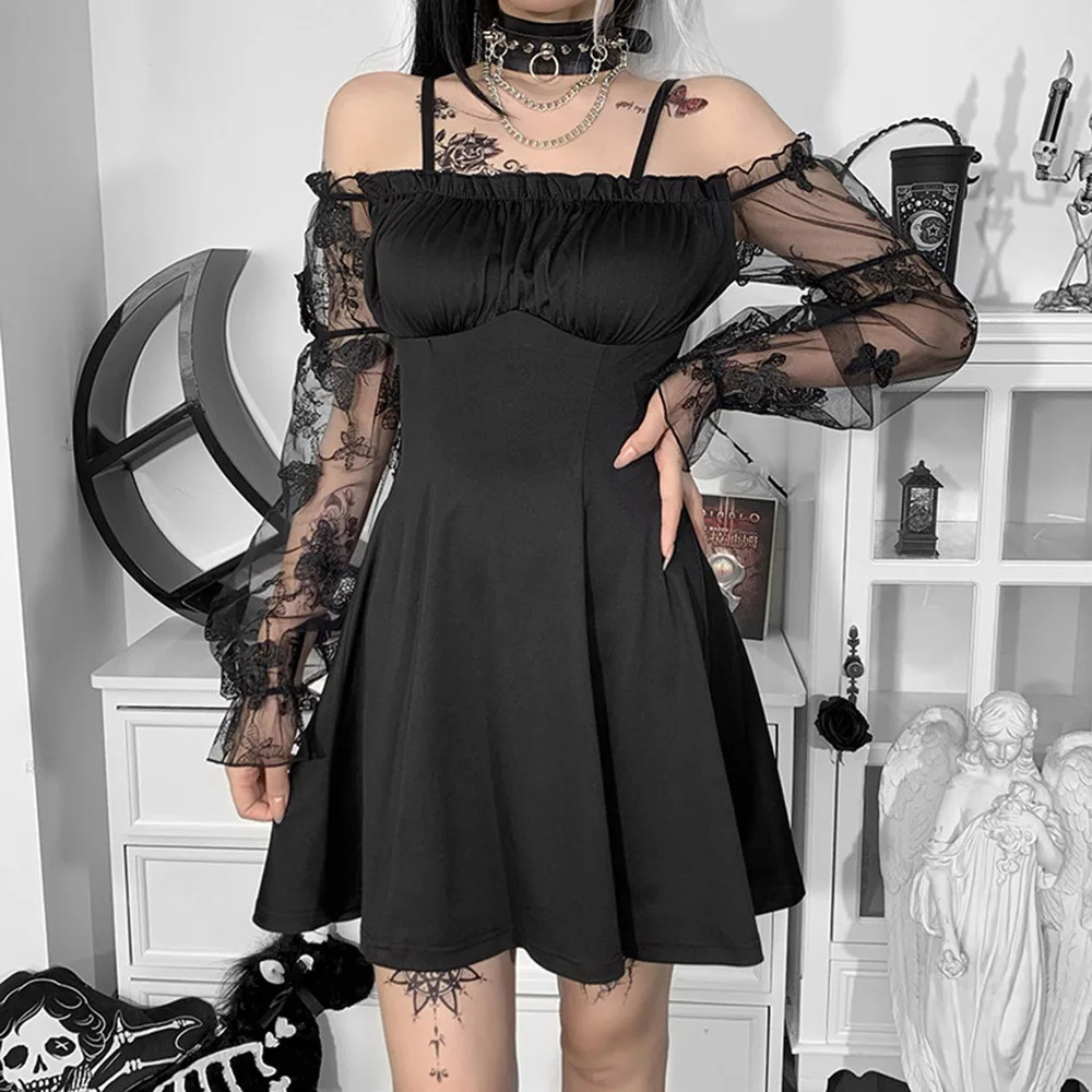 

New Fashion Autumn And Winter Dark Personality Mesh Lace Gothic Sling Dress Long Sleeve Retro Women Darkness Fashion Dresses