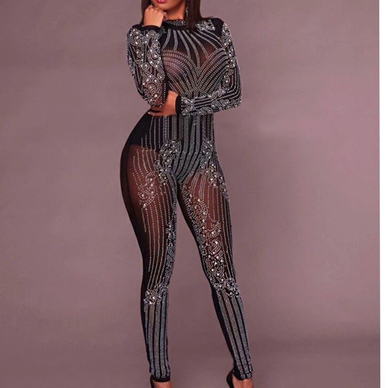 

Spring Autumn Club Wear Party Formal Rompers Sexy Skinny Bodysuits Trousers Rhinestone Long Sleeve Bodycon Pants Women Jumpsuit