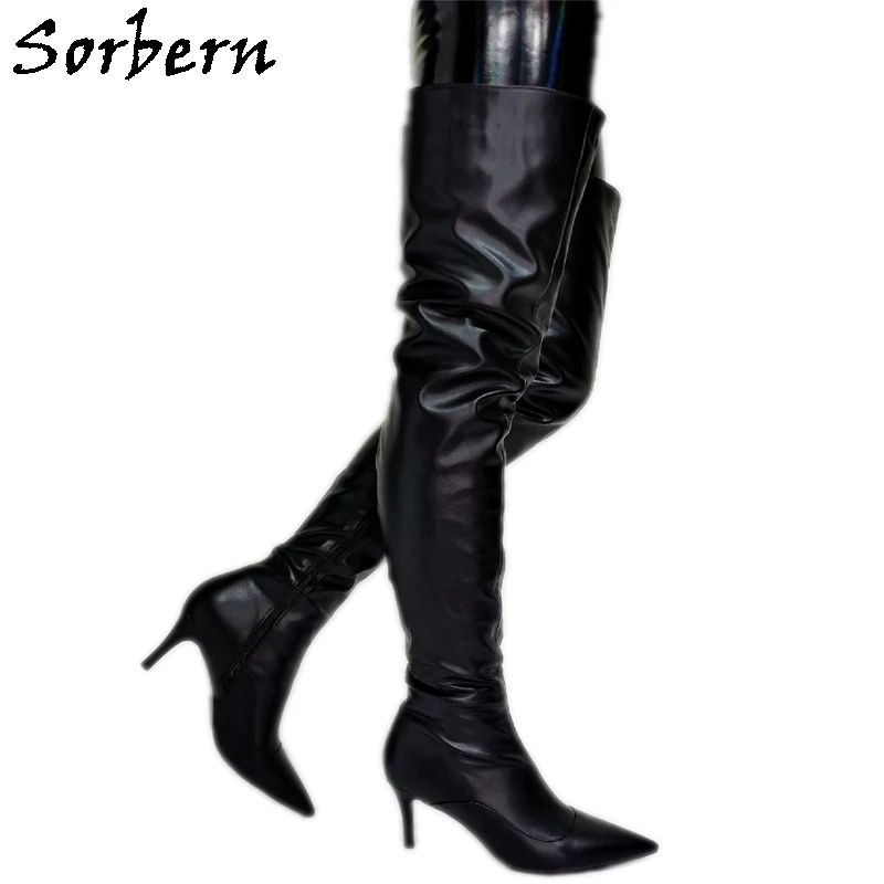 

Sorbern Black Kitten Heel Boots Women Mid Thigh High Long Boot Pointy Toes Custom Wide Or Slim Fit Legs Fetish Boot Multi Color