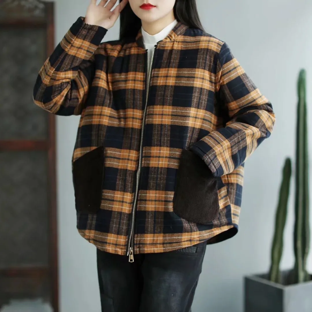 

SuperAen 2021 зимняя Корейская свободная одежда на молнии с хлопковой подкладкой Женская клетчатая куртка