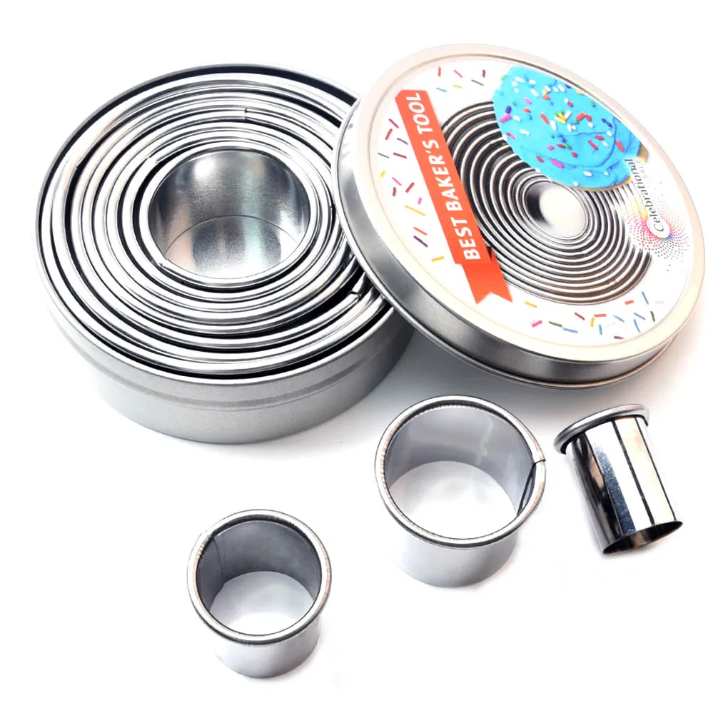 

11pcs Round Shaped Cake Mold Stainless Steel Cookie Sugar Fondant Cake Decorating Kitchen Baking Mould with Iron Box