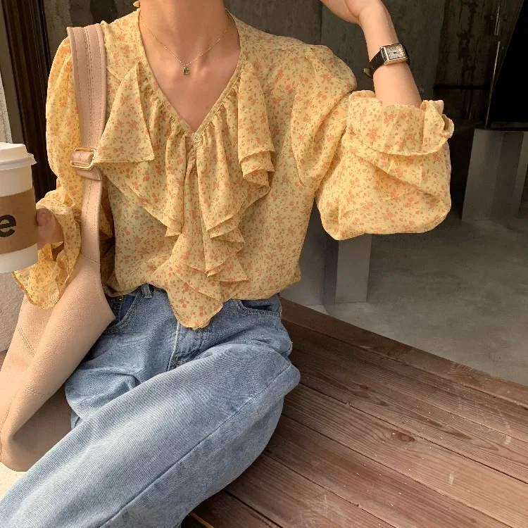 

Cheap wholesale 2021 spring summer autumn new fashion casual chiffon women shirt woman female OL puff sleeve top Vy1406