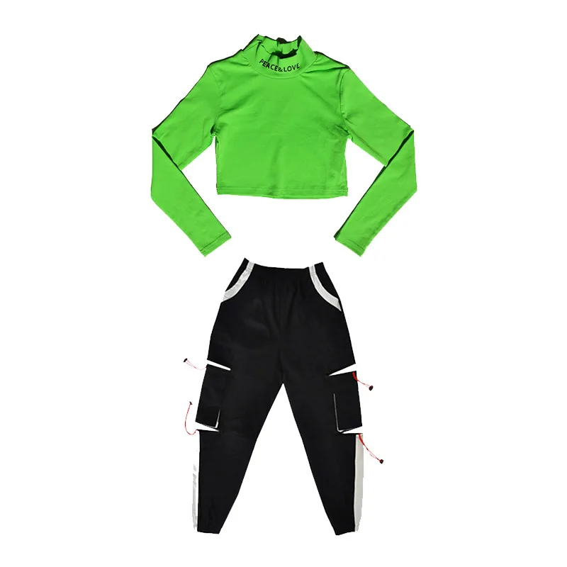 green 2pcs Танцевальные костюмы в стиле хип-хоп для девочек, топы розового и зеленого цвета, штаны в стиле хип-хоп, танцевальная одежда в стиле джаз уличный, Детская современная танцевальная одежда для сцены, одежда для рейва DQS3419 - Цвет: green 2pcs
