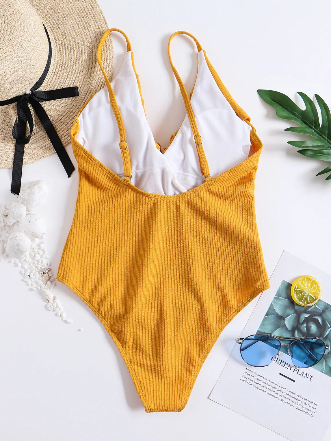 Женский слитный купальник желтый сплошной в европейском и американском стиле с