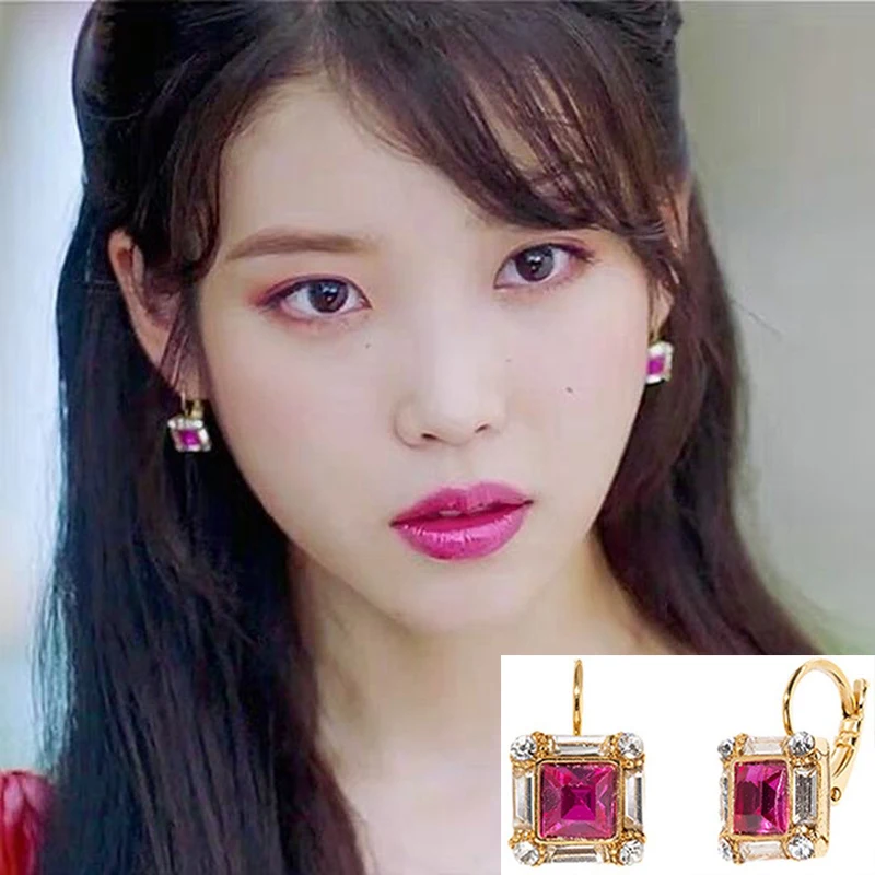 Женские квадратные серьги кольца элегантные красного цвета с кристаллами