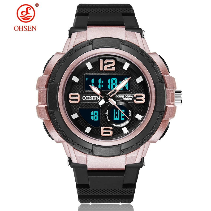 Цифровые кварцевые мужские наручные часы OHSEN с двойным временем модные