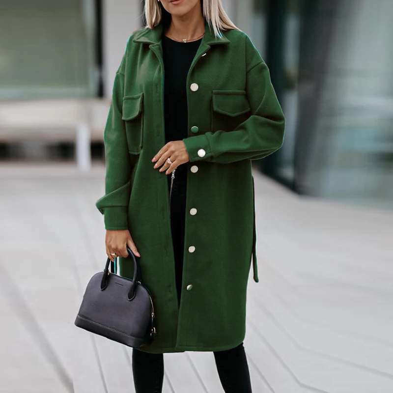 

Vintage Ladies Outerwear Elegant Fashion Womens Blend Woolen Coats Autumn Winter Warm Long Sleeve Turn-down Collar Long Jackets