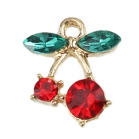 zinc based alloy charms cherry fruit pendants gold color with red green rhinestone 16mm x 13mm for diy jewelry making10 pcs
