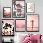 Картина на холсте с изображением розового заката, пляжа, кокосовой пальмы, доски для серфинга, плакаты и принты в скандинавском стиле, настенные картины для декора гостиной