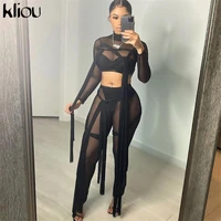 kliou ribbons hipster sheer mesh sexy two piece set women 2021 turtleneck crop toppants solid street style matching outfits hot
