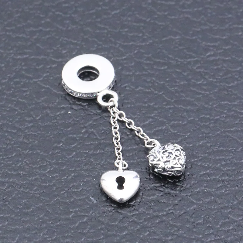 

Genuine 925 Sterling Silver Charm Vintage Pattern Lock And Heart Chained Pendant Beads Fit pandora Bracelet & Necklace Jewelry