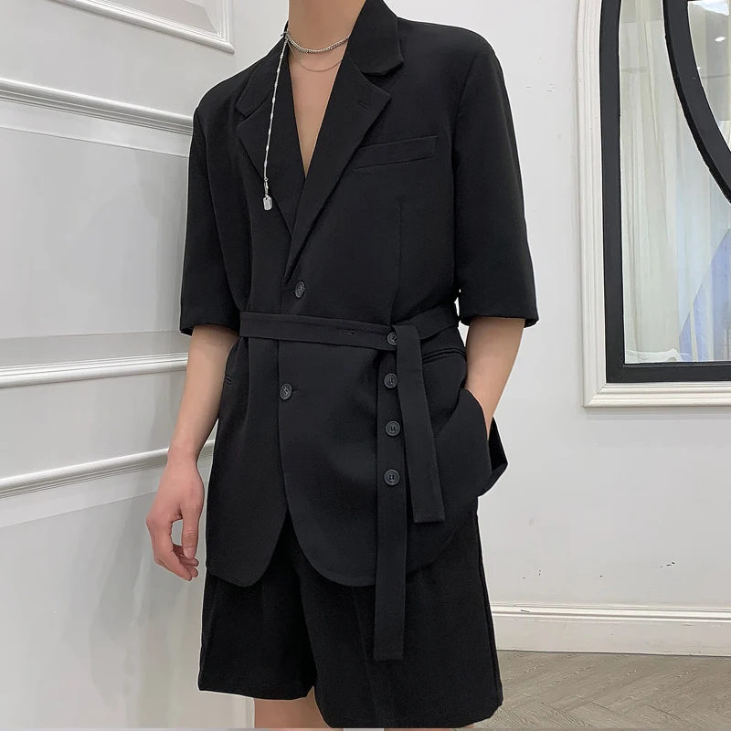 

Male Japan Korea Style Streetwear Fashion Vintage Suit Jacket Men Spring Summer Short Sleeve Belt Loose Casual Suit Blazers Coat