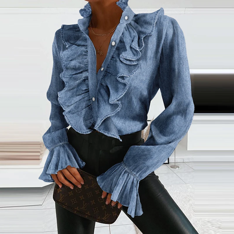 

Denim Ruffled Blouses Long Sleeve Button Shirt Summer Sexy V Neck Pleated Chiffon Blouse Spring Elegant Office Lady Tops Blusa