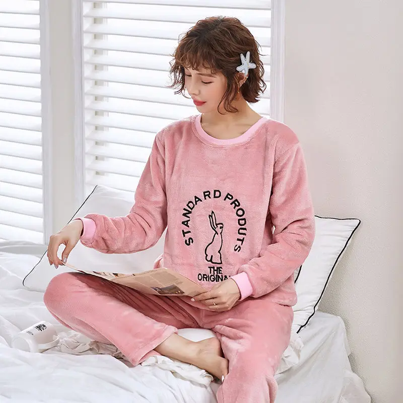 Rabbit sleepwear Пижамы женские большие размеры пижамы из плотной ткани женские теплые длинные осенние пижамы зимний домашний костюм женская пижама домашний L-XXL - Color: Rabbit sleepwear