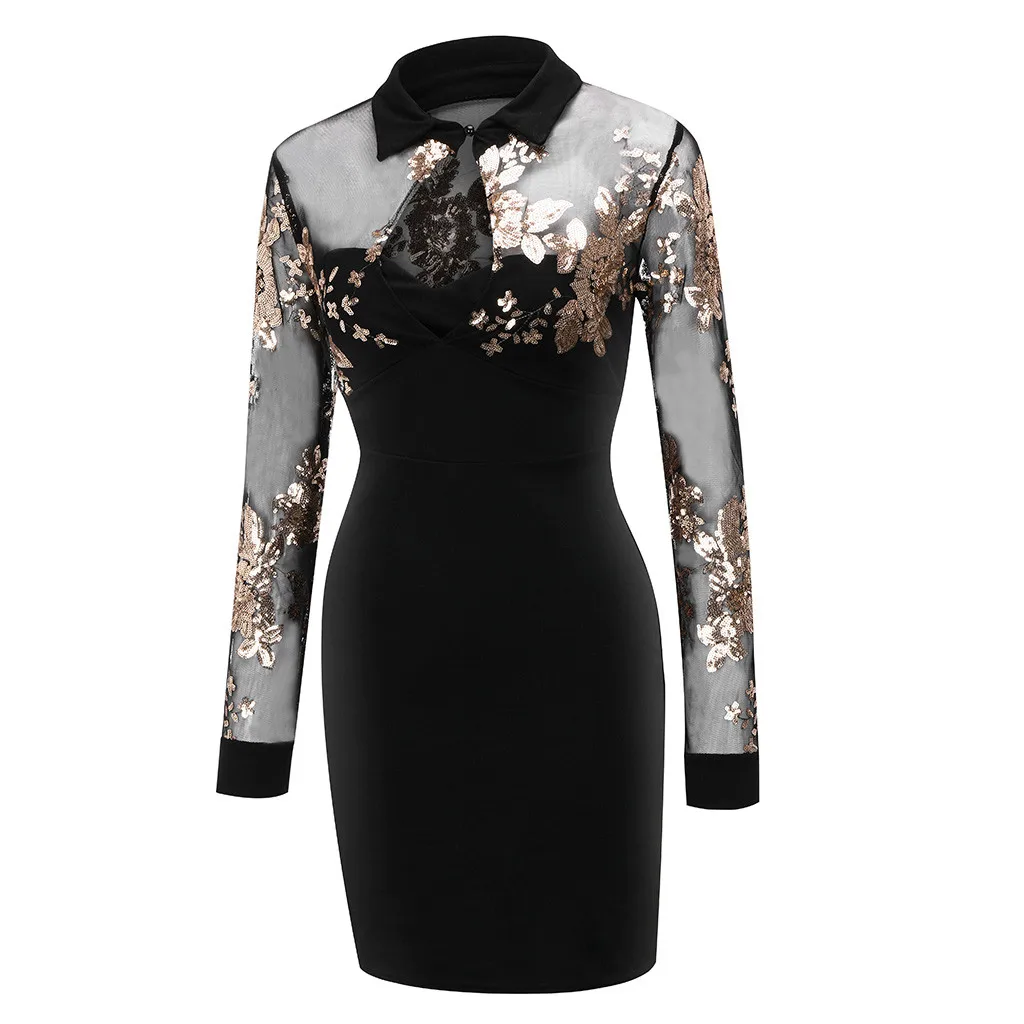 

Sexy Mesh Sheer Sequins Woman Dress Patchwork Hollow Out Fashion Long Sleeve Work Bodycon Dress Ropa Para Mujer Elegant Dress