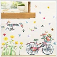pastoral style yellow flower and bicycle summer wall stickers for kids room living room bar home art decoration wall decals pvc
