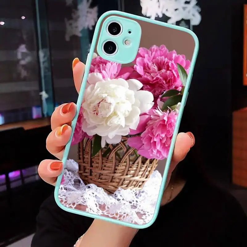 

Pink Purple Peony Flower Phone Case Matte Transparent for iPhone 7 8 11 12 s mini pro X XS XR MAX Plus cover funda