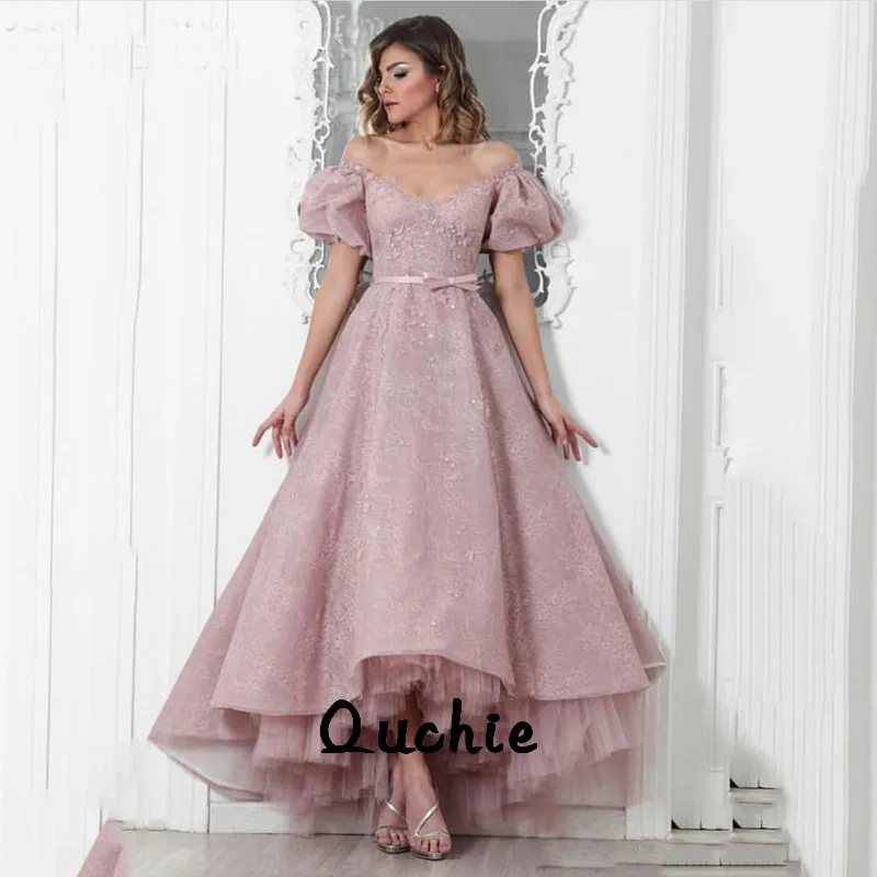 

Long Back Short Front Evening Dresses Off Shoulder Lace Special Occasion robe soiree Islamic Dubai Kaftan Saudi Arabic Prom Gown
