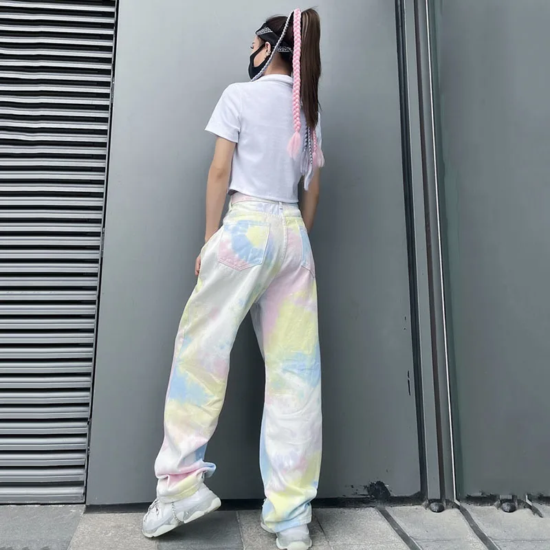 

[EAM] Tie Dye Buckle High Waist Wide Leg Denim Jeans Loose Women Full Length Trousers Fashion Tide Spring Summer 2021 1DD7234