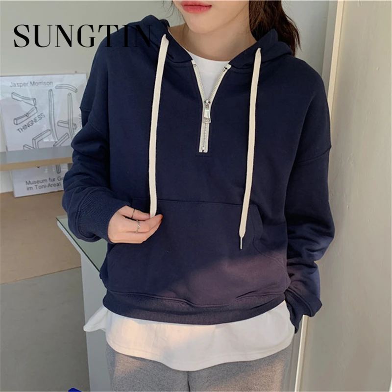 Sungtin корейская мода женская винтажная однотонная толстовка с капюшоном на молнии