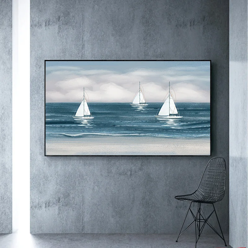 

Sea Boat Modern Decorative Painting Blue Color Pictures For Living Room Poster And Prints Art Bedroom Home Decoration No Frame