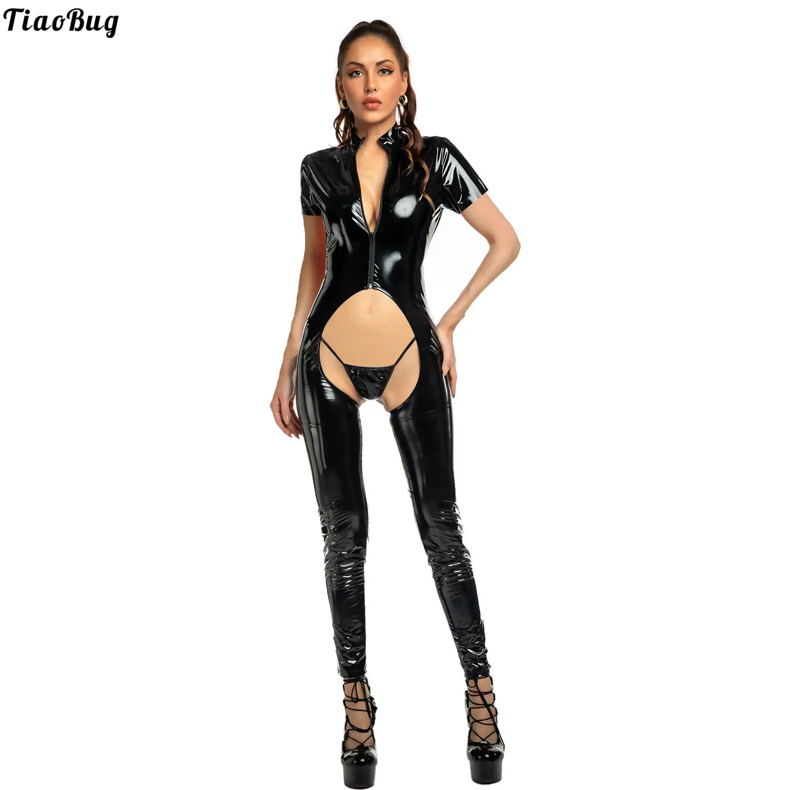 

Женское облегающее боди из лакированной кожи, комбинезон с воротником-стойкой, коротким рукавом, молнией и шнуровкой сзади, комбинезоны со ...