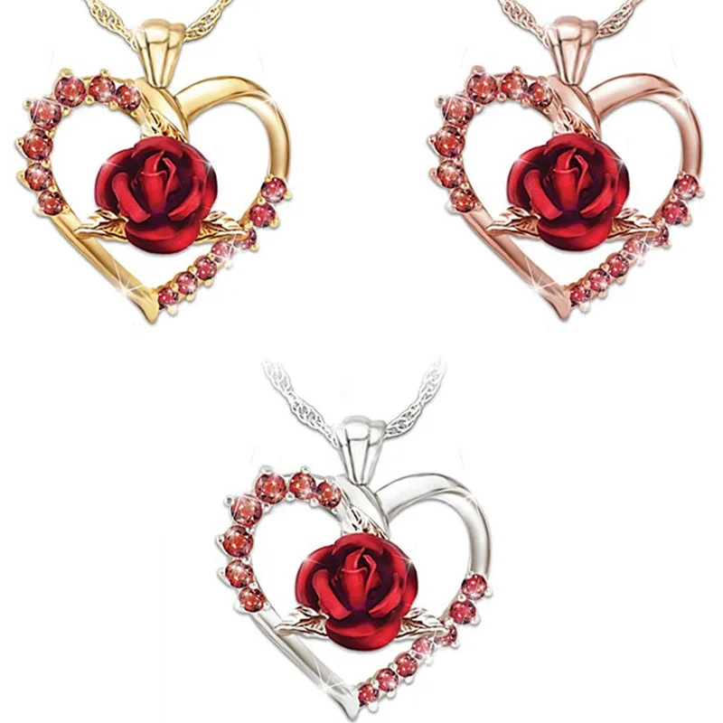 

2022 Cute Love Rose Necklace Fashion Women's Gold-Plated Zircon Pendant Collar Necklace Joyero Gold Jeweler Gothic Accessories
