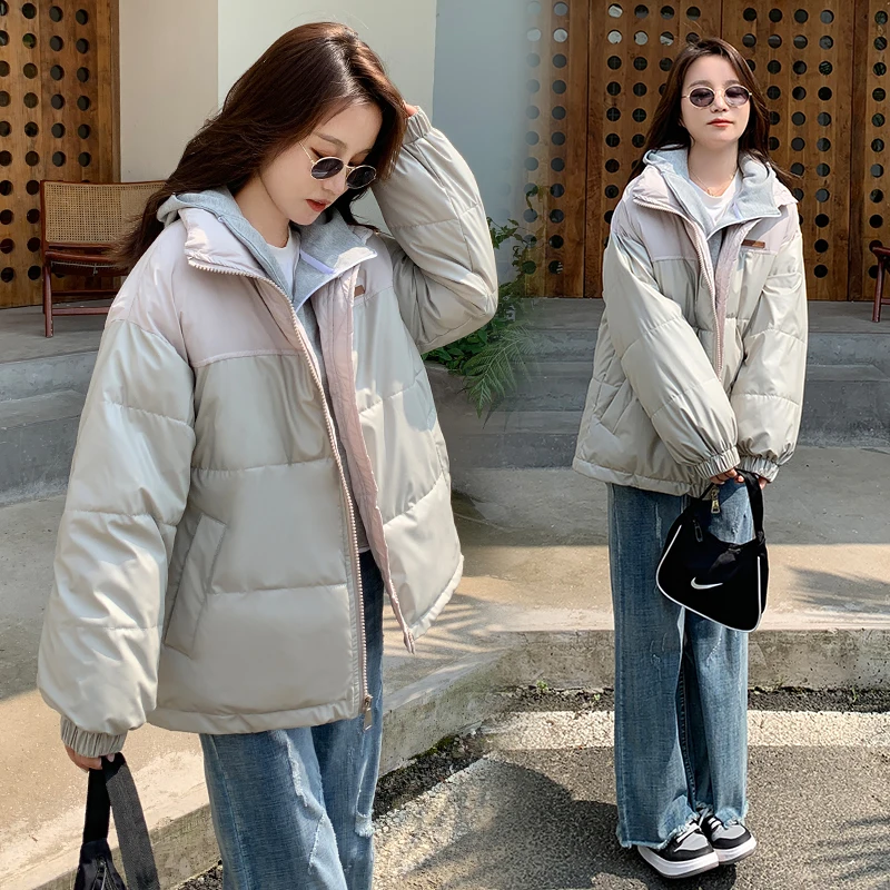 

Winter Pink Cotton Coat Women 2021 New Explosion Models Korean Loose Students PU Skin Splicing Female Down Bread Cotton Clothing
